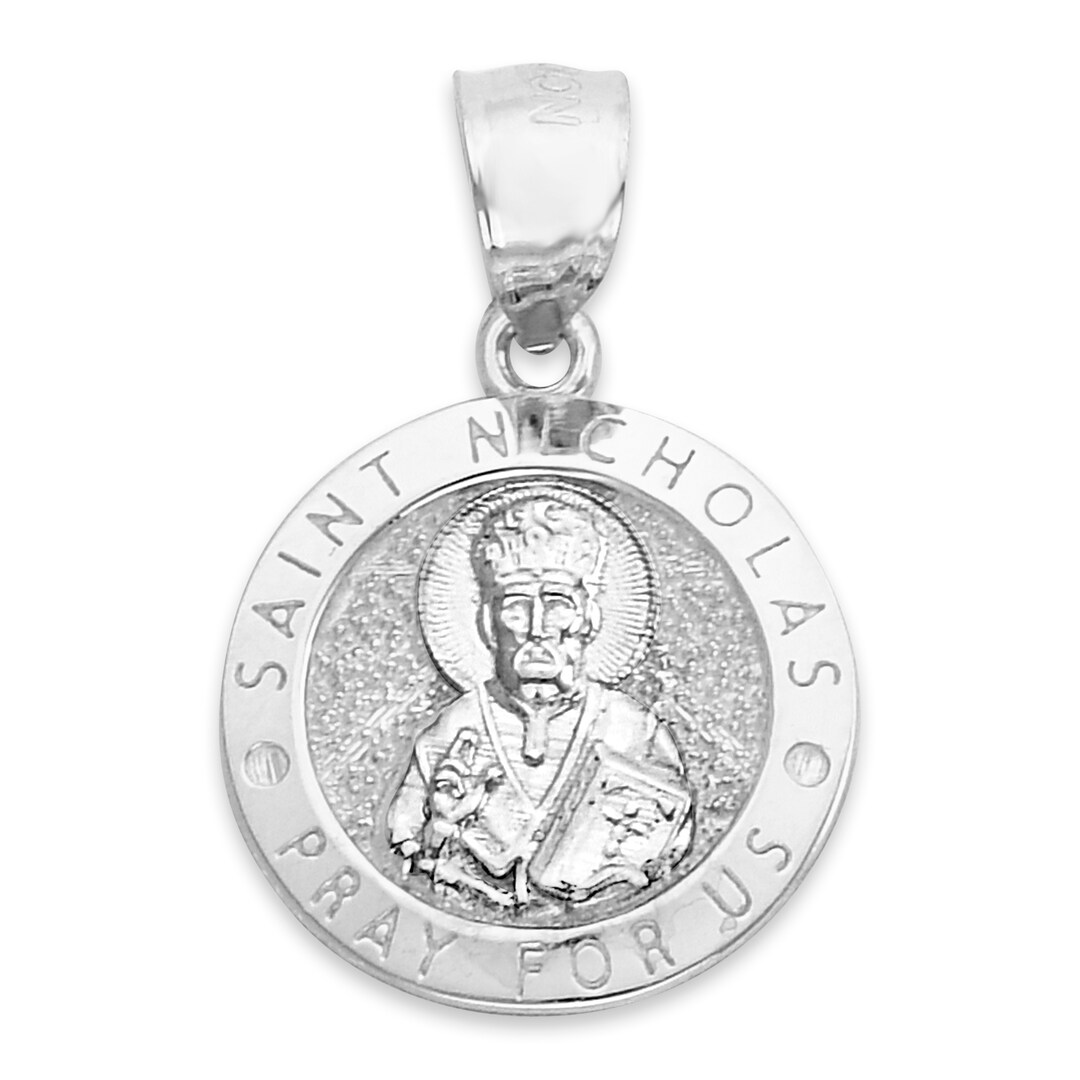 14k Solid White Gold Saint Nicholas Pendant Religious Patron